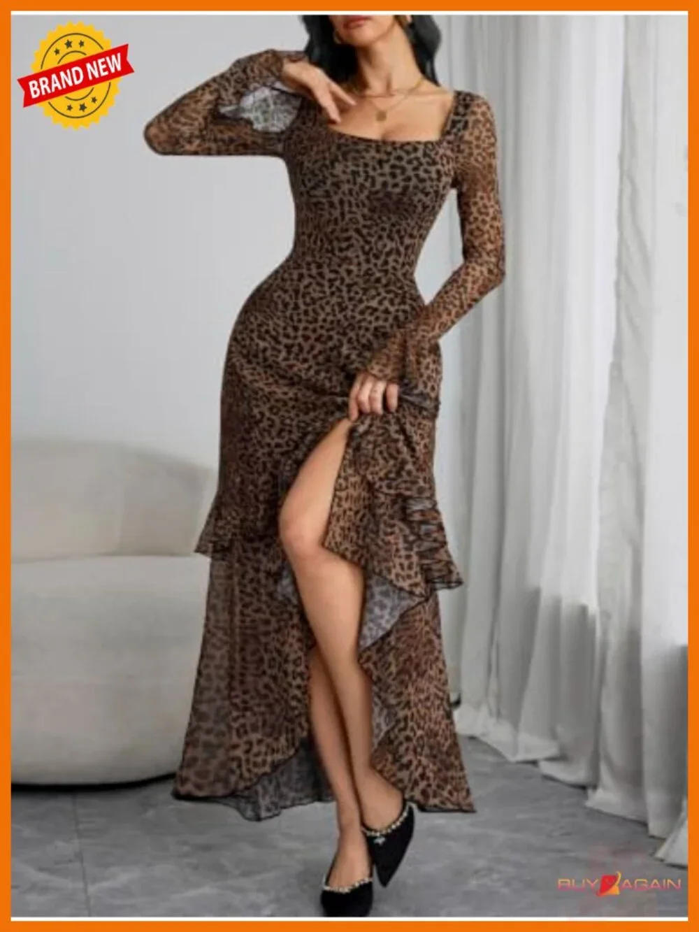 Women's Floral Mesh Square Neck Bell Sleeve High Low Maxi Dress